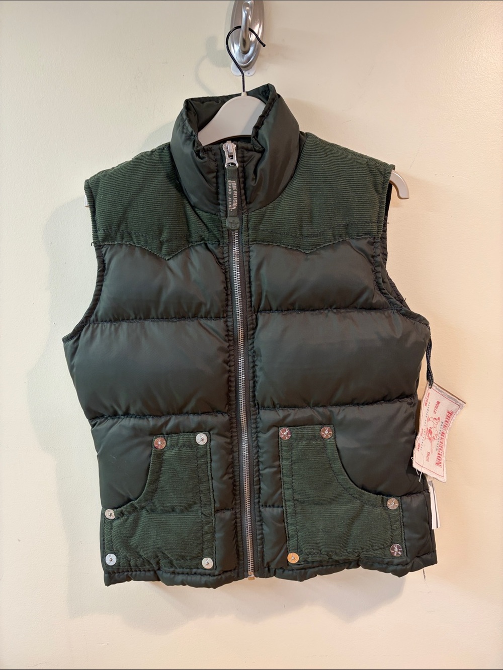 True Religion olive green down vest